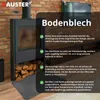 A modern fireplace with a floor plate in a living room setting, showcasing its features through text overlays. Produktbild-Vorschau
