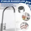 A kitchen faucet with water flowing, and close-up shots of the faucet head, a hand filling a glass, and hands being washed. Produktbild-Vorschau
