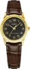 A close-up studio shot of a women's Casio watch with a gold-tone case, black dial, and brown leather strap. Produktbild-Vorschau