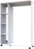 A white wardrobe organizer with shelves on the left and a hanging rail on the right, shown against a white background. Produktbild-Vorschau