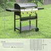 A gas grill with dimensions and accessory measurements shown, set against a grassy background. Náhled obrázku produktu