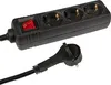 A black power strip with three outlets and a red on/off switch, along with its black plug and cord, is shown against a white background. Produktbild-Vorschau