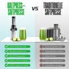 A comparison image showing two types of juicers, a cold press juicer and a traditional juicer, with text highlighting their respective benefits and drawbacks. Produktbild-Vorschau
