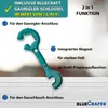 A teal gas regulator wrench is shown against a light-colored wooden background. Text overlays describe its features and value. Produktbild-Vorschau