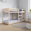 A wooden bunk bed with plaid bedding in a room. Produktbild-Vorschau