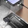A close-up collage of a black smartphone case with a kickstand and a charging cable plugged into a phone. Náhľad obrázku produktu