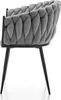 A side view of a light gray upholstered chair with a braided backrest and black legs, set against a white background. Produktbild-Vorschau