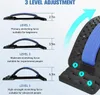 Diagrams showing the three adjustment levels of a back stretcher, with measurements and descriptions for each level. Produktbild-Vorschau