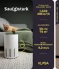 A white air purifier is shown in a living room setting with a cat on a couch. Text overlays describe the product's features. Produktbild-Vorschau