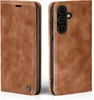A brown leather flip case for a smartphone, shown from two angles. Produktbild-Vorschau