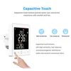 A smart thermostat with a digital display and touch controls, shown with a hand interacting with it, and marketing text and icons highlighting its features. Produktbild-Vorschau