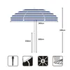 Diagram showing the dimensions and features of a blue and white striped umbrella. Produktbild-Vorschau