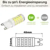 A marketing image showing a G9 LED bulb and its dimensions, comparing its energy consumption to a traditional bulb. Produktbild-Vorschau