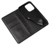 A black leather flip phone case is shown open against a white background. Produktbild-Vorschau