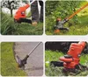 A collage of four images showing a Black & Decker grass trimmer in use in different outdoor settings. Náhled obrázku produktu