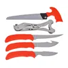 A set of outdoor knives and a saw with orange handles, laid out on a white background. Náhled obrázku produktu