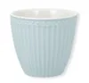 A pale blue ceramic cup with a ribbed texture and a decorative rim, shown against a white background. Voir les images du produit