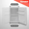 A white refrigerator with its doors open, showing the interior shelves and drawers. Text overlays highlight features like reversible door hinge and adjustable feet. Produktbild-Vorschau