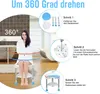A woman is sitting on a rotating shower stool in a bathroom, with instructional diagrams showing how to assemble and use it. Produktbild-Vorschau
