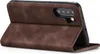 A brown flip cover case for a smartphone is shown in a studio setting. Produktbild-Vorschau