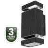 A black rectangular outdoor wall light with clear glass accents, shown next to a warranty badge. Anteprima dell’immagine prodotto