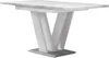 A modern dining table with a unique V-shaped pedestal base. Anteprima dell’immagine prodotto