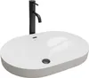 A white oval basin with a black faucet. Produktbild-Vorschau