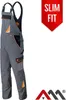 A pair of gray work overalls with orange accents, presented on a white background with marketing text. Produktbild-Vorschau