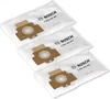 Three white vacuum cleaner bags with brown cardboard attachments are arranged diagonally on a white background. Produktbild-Vorschau