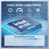A marketing image showcasing the Intel Alder Lake N100 processor with its specifications and benchmark results. Produktbild-Vorschau