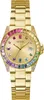 A gold-colored Guess watch with a rainbow-colored bezel and dial, shown against a white background. Produktbild-Vorschau