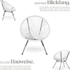 Multiple views of a white Acapulco-style chair with text descriptions. Náhled obrázku produktu