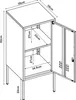 A technical drawing of a white metal cabinet with dimensions indicated. Voir les images du produit