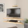 A corner of a room with a TV mounted on the wall, supported by two triangular shelves. A router is on the top shelf, and a media player and a decorative ball are on the bottom shelf. A framed picture is on the left wall, and a potted plant is on the right. Produktbild-Vorschau