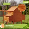 A wooden chicken coop with a run, set in a grassy outdoor area with trees in the background. The image has marketing overlays and text. Produktbild-Vorschau