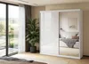 A modern bedroom with a large white sliding door wardrobe with mirrored doors, reflecting a bed and a bedside lamp. A large potted plant is placed next to the wardrobe, and a large window with sheer curtains is visible on the left. Produktbild-Vorschau