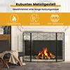 A fireplace screen in front of a fireplace with a fire burning, with decorative icons and text above. Podgląd zdjęcia produktu