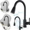 A collage of images showing a black kitchen faucet with a pull-down sprayer, with water splashing around it. Produktbild-Vorschau