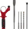 A set of drill bits and a chisel, along with a red auxiliary handle, are laid out on a white background. Produktbild-Vorschau