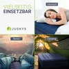 A collage showcasing a blue air mattress in different settings: a person sleeping on it in a bedroom, two people relaxing on it with a mountain view, and the mattress inside a tent during camping. Produktbild-Vorschau
