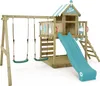 A wooden playground set with a slide, swings, and a small playhouse designed to look like an ice cream stand. Podgląd zdjęcia produktu