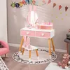 A child's vanity table and chair set with a bunny theme, decorated with colorful caterpillar and carrot garlands on the wall. Podgląd zdjęcia produktu