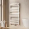 A white towel radiator is shown in a bathroom setting next to a window and a bathtub. Náhled obrázku produktu