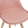 Close-up of a pink chair seat and wooden legs. Voir les images du produit