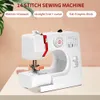 A white sewing machine is displayed on a table with a pink background and a plant in the upper left corner. Produktbild-Vorschau