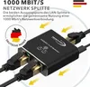 A black LAN splitter with gold connectors, connected to two black Ethernet cables. The product is shown at an angle with yellow arrows indicating its function. Text and graphics are overlaid on the image. Produktbild-Vorschau