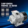 A silver AC motor is shown against a blue, abstract background with blue lines. Text overlays provide product specifications. Produktbild-Vorschau