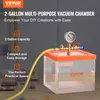 A VEVOR 2-gallon multi-purpose vacuum chamber is shown on a wooden table, with text overlays highlighting its features. Anteprima dell’immagine prodotto