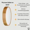 A round wooden ceiling lamp is shown next to a list of its features, presented with star icons. Produktbild-Vorschau