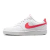 A side view of a white Nike Court Vision Lo NN sneaker with coral accents. Produktbild-Vorschau